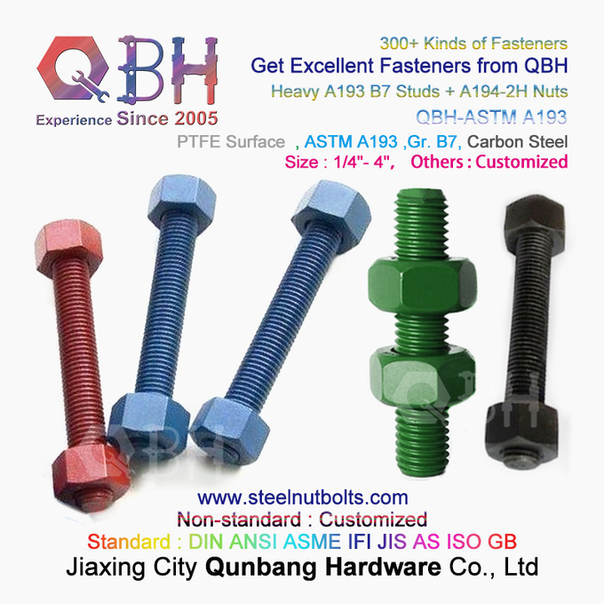 QBH PTFE 1070 লাল/নীল/কালো/সবুজ প্রলিপ্ত 1/4"-4" ASTM A193 B7 থ্রেডেড রড স্টাড বোল্ট A194-2H হেভি হেক্স নাট সহ 3