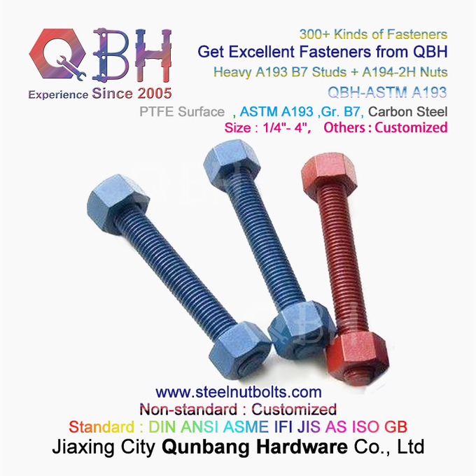 QBH PTFE 1070 লাল/নীল/কালো/সবুজ প্রলিপ্ত 1/4"-4" ASTM A193 B7 থ্রেডেড রড স্টাড বোল্ট A194-2H হেভি হেক্স নাট সহ 2
