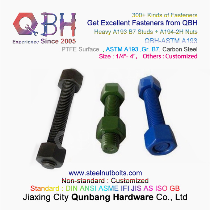 QBH PTFE 1070 লাল/নীল/কালো/সবুজ প্রলিপ্ত 1/4"-4" ASTM A193 B7 থ্রেডেড রড স্টাড বোল্ট A194-2H হেভি হেক্স নাট সহ 0